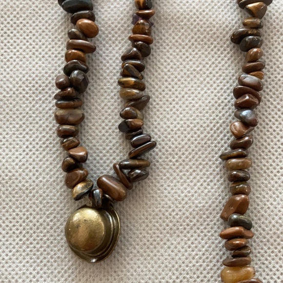 Brown Stone Long Necklace with Metal Hat Charm - Picture 3 of 4